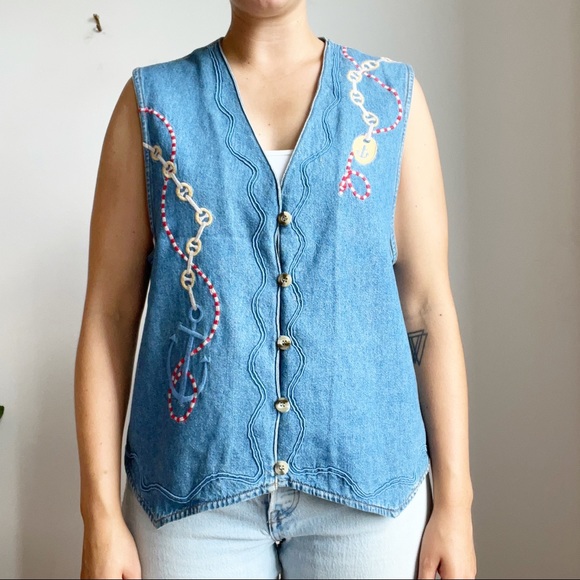Vintage Lauren Jeffries Denim Nautical Print Vest 100% Cotton Size XL - Picture 3 of 10